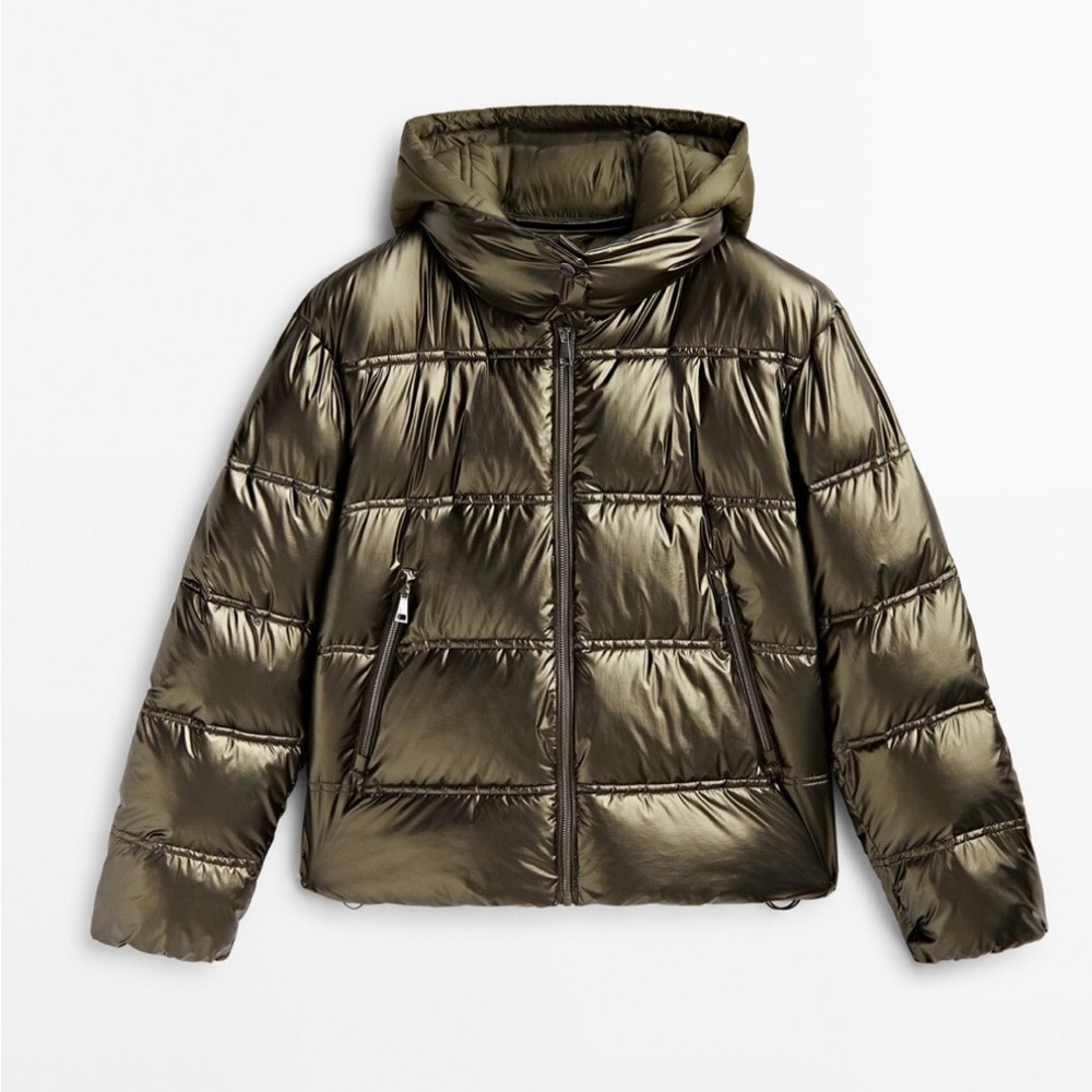 Massimo Dutti Metallic Puffer Jacket with Hood – Size S